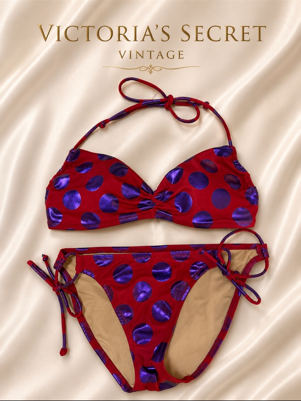 Victoria’s Secret Vintage Bikini Set Red Purple Metallic Polka Dot